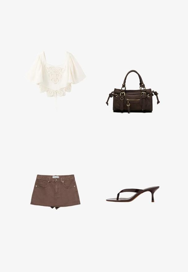Crop top en dentelle blanche avec manches larges et fluides, encolure carrée et broderie florale complexe à l'avant et à l'ourlet.; Jupe en denim marron mini avec une taille ajustée, un design à cinq poches, une fermeture à bouton à l'avant et une longueur juste au-dessus de la cuisse.; Sandale à talon en cuir verni noir avec bride entre les orteils et un talon petit kitten élancé de hauteur moyenne, vue de côté sur fond blanc.; Sac à main en cuir marron foncé avec double poignée, poche avant zippée, boucles décoratives et nœuds latéraux sur fond blanc.