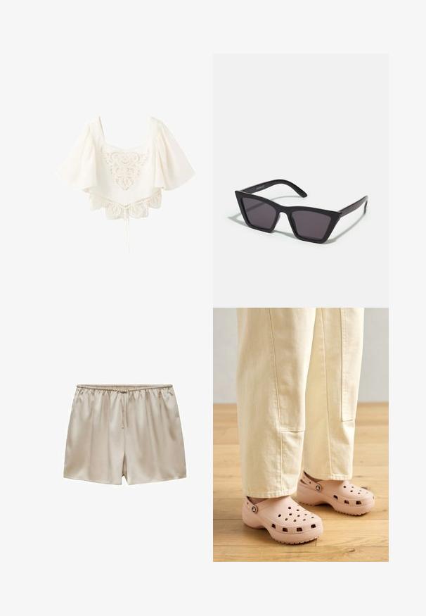 Witte kanten crop top met brede, vloeiende mouwen, vierkante halslijn en ingewikkelde bloemrijke borduurdetails aan de voorkant en zoom.; Beige satijnen shorts met elastische tailleband en trekkoord, gladde textuur, ontspannen pasvorm en korte lengte.; Lichtroze klompen van rubber, met ventilatiegaten, een gevormde pasvorm en een geprofileerde zool voor grip. Draagt in combinatie met lichtbeige broek.; Zwarte, hoekige zonnebril met grijze lenzen; gemaakt van plastic, met dikke armen met een gladde oppervlakte en zonder zichtbare hardware.