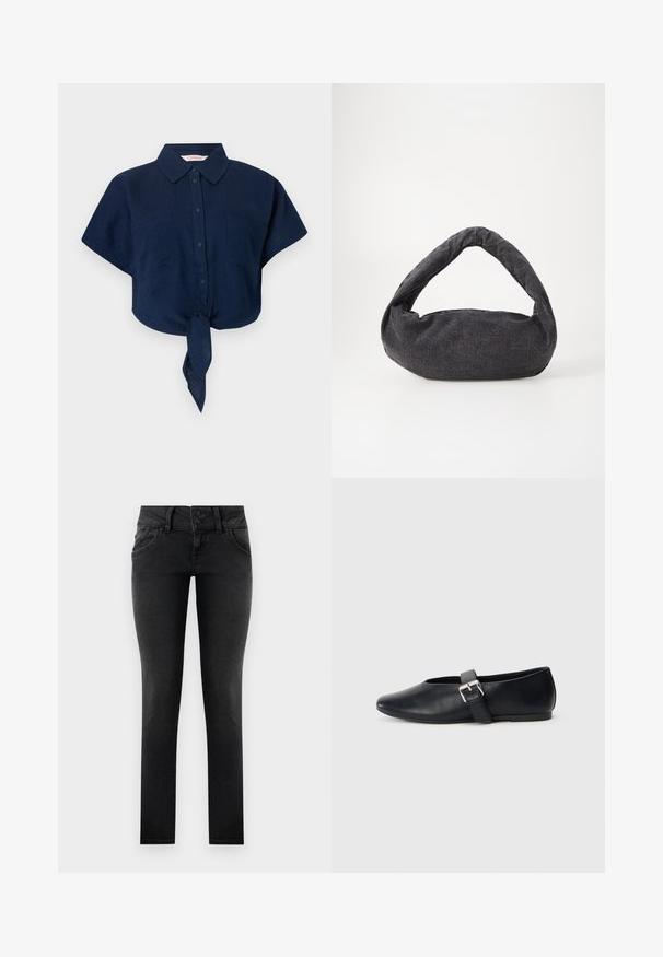 Marineblå kortærmet skjorte lavet af letvægtsstof, med krave, knappelukning foran, to brystlommer og en detalje med knude i kanten.; Sorte denim skinny jeans med en to-knaps talje, frontlommer og en glat, tekstureret overflade. Standard snit, hel længde design.; Sorte flade lædersko med rund tådesign, der har en sidespænde og en glat overflade. Lav profil sål for nem brug.; Mørkegrå stofpose med et buet håndtag, blød tekstur og rund form. Ingen synligt hardware eller pynt.