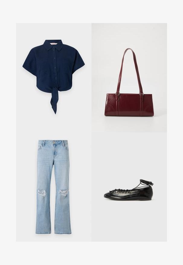 Marineblå kortærmet skjorte lavet af letvægtsstof, med krave, knappelukning foran, to brystlommer og en detalje med knude i kanten.; Lysblå denimjeans med lige ben-design, der har to knærevner, en metalknaplukning og fem lommer.; Sorte balletflade sko i laklæder med rundet tå, snørelukning og flad sål. Glat tekstur med få detaljer.; Bordeaux håndtaske lavet af glansfuldt materiale, rektangulær form, med to skulderremme og subtile buede detaljer på forsiden.