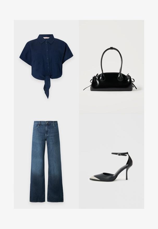 Marineblaues Kurzarmhemd aus leichtem Stoff, mit Kragen, durchgehender Knopfleiste, zwei Brusttaschen und einem geknoteten Saumdetail.; Dunkelblaue Schlagjeans aus Denim, mit hoher Taille, fünftaschen Design und subtiler Ausbleichung am Saum. Standard Knopfverschluss.; Schwarzer High Heel mit spitzer Schuhspitze, silberner Metallkappe an der Spitze und Knöchelriemen mit Schnallenverschluss auf weißem Hintergrund.; Kleine schwarze glänzende Handtasche mit zwei langen Griffen und seitlichen Kordelzug-Details vor einfachem hellem Hintergrund.