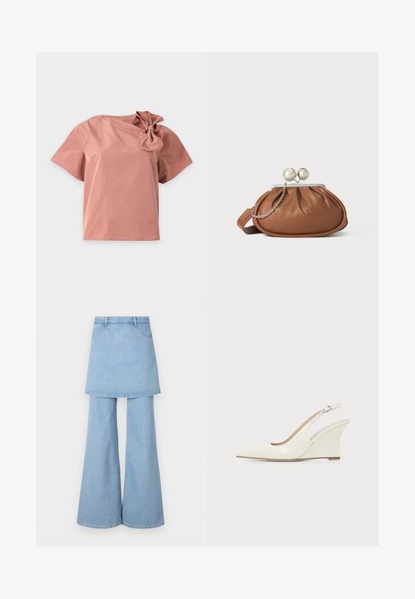 Rosa Kurzarmbluse mit einer großen Schleifenapplikation auf der rechten Schulter, dargestellt vor einem schlichten weißen Hintergrund.; Hybrid aus Jeansrock und Hose, aus hellblauem Stoff mit ausgestellten Beinen und sichtbaren Steppnähten. Mit vorderen Taschen und einem Bund gestaltet.; Weißer Slingback Keilabsatz-Schuh aus Lackleder mit spitzer Schuhspitze und verstellbarem Schnallenriemen vor einfarbigem Hintergrund.; Braune Leder-Clutch mit silbernem Kugelverschluss und einem kleinen silbernen Kettendetail auf weißem Hintergrund.