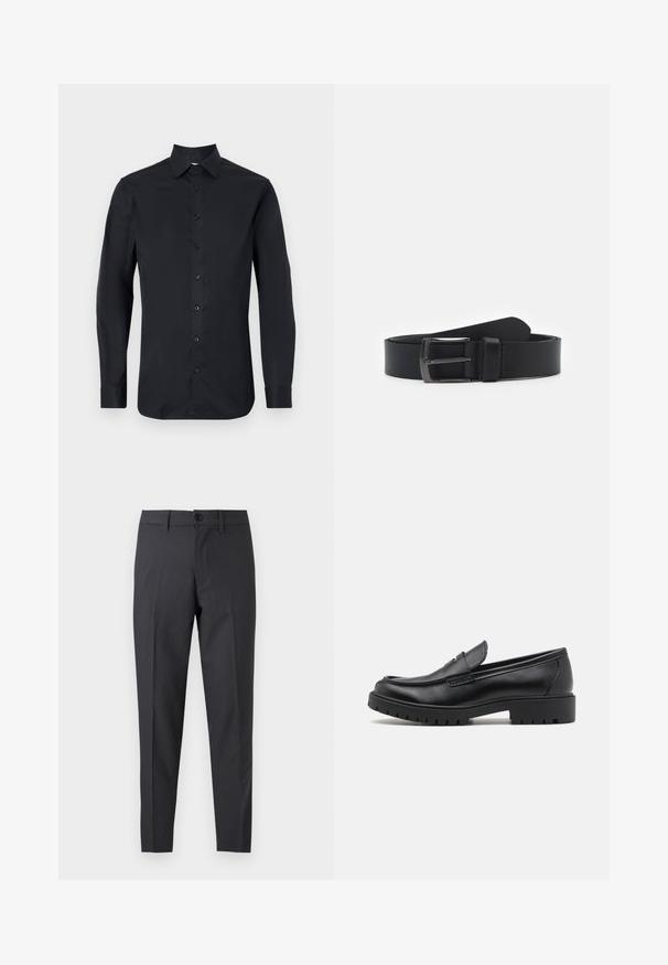 Camisa negra de manga larga fabricada en una tela suave, con un cuello clásico, cierre frontal de botones y puños abotonados.; Pantalones de vestir ajustados de color gris oscuro con botón delantero y presillas para cinturón, mostrados planos sobre un fondo blanco.; Mocasines de cuero negro con punta redondeada, diseño sin cordones y suela de goma gruesa con agarre texturizado. Tacón elevado y detalles de costura sutiles.; Cinturón de cuero negro con una textura suave, que presenta una hebilla de metal en tono plateado y un diseño clásico. Longitud ajustable, estilo minimalista.