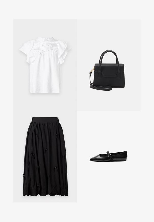 Blusa blanca de manga corta con cuello alto, que presenta detalles plisados y mangas acampanadas, fabricada en una tela ligera y texturizada.; Falda negra de tela suave, con una cinturilla fruncida, diseño hasta la rodilla y pequeños lazos con cuentas en intervalos.; Zapato plano negro de cuero con punta afilada, correa ajustable con hebilla de metal, textura suave y diseño minimalista.; Bolso estructurado negro de cuero con un asa superior, correa de hombro desmontable y un detalle de tapa en la parte frontal. Acentos en dorado.