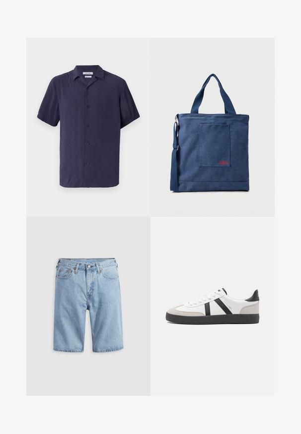 Korte ærmer, button-up skjorte i marineblå, lavet af letvægtsstof med en enkel tekstur og et klassisk kravedesign.; Lyseblå denimshorts med forlommer, bæltestropper og knaplukning på en ensfarvet lys baggrund.; Hvide sneakers med sorte og grå detaljer, med en tekstureret grå tåhætte, sort gummisål og flade hvide snørebånd. Rent design, minimalistisk stil.; Blå lærredstote taske med frontlomme og rød "O.N.S" broderi, med to håndtag og en justerbar skulderrem.