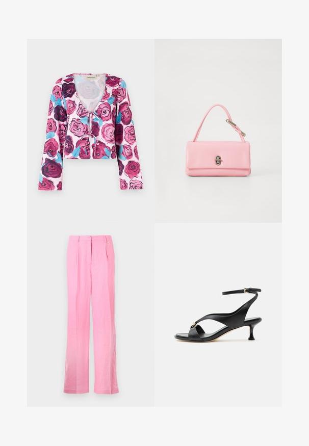 Kvetinový cropped top s ružovým pozadím a žiarivými ružovými vzormi v odtieňoch burgundskej a modrej, s dlhými zvonovými rukávmi a výstrihom do V.; Ružové ľanové nohavice s voľným strihom, obsahujúce predné skladky, zapínanie na gombík a bočné vrecká. Hladká textúra a rovný strih.; Čierna dámska kožená sandála s zakriveným nízkym podpätkom, krížovými remienkami a nastaviteľným remienkom na členok s malou zlatou sponou.; Ružová kožená kabelka so štruktúrovaným obdĺžnikovým tvarom, jedným krátkym madlom a detailom strieborného uzáveru na prednej strane.