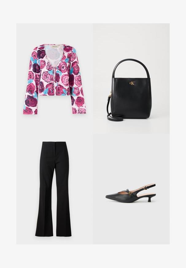 Top corto floral con un fondo rosa y vibrantes patrones de rosas en tonos burdeos y azul, con mangas largas de campana y escote en V.; Pantalones de campana negros hechos de una tela suave, con cintura alta, pliegues delanteros y un acabado limpio en los bajos.; Zapato de salón slingback de cuero negro con puntera puntiaguda, tacón pequeño, diseño recortado y detalle de hebilla dorada en la correa.; Bolso de mano de piel negra con un asa redondeada, acento de logo dorado y correa para el hombro desmontable. Textura suave y forma estructurada.