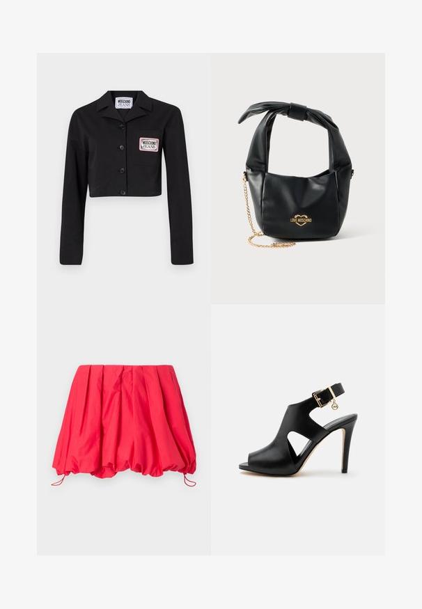 Veste courte noire en tissu lisse, dotée d'une fermeture à boutons, d'un col pointu et d'une poches poitrine avec un écusson logo blanc et rose.; Jupe mini plissée rouge en tissu léger ; dotée d'un ourlet élastique avec des cordons de serrage pour un ajustement réglable. Texture lisse.; Sandale noire en cuir à talon haut avec bout ouvert, découpes latérales, bride à la cheville, boucle dorée et petit pendentif rond sur un fond clair.; Sac à main Love Moschino en cuir noir souple avec poignée nouée et bandoulière chaîne dorée sur fond blanc.