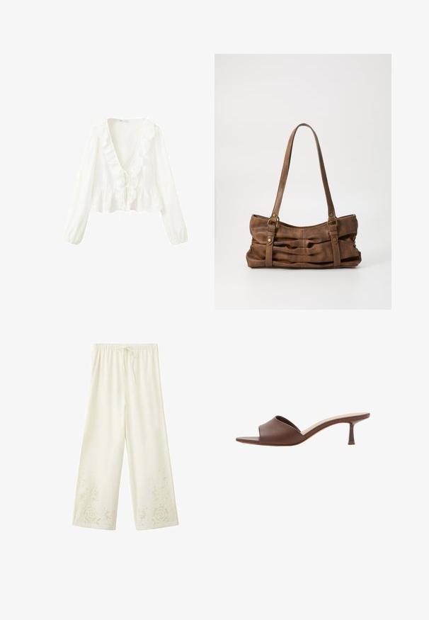 Blouse blanche à manches longues avec un décolleté en V profond, bordure à volants le long de l'encolure et de l'ourlet, et une fermeture à nouer à l'avant.; Pantalon large crème avec taille élastique, cordon de serrage et broderie en dentelle florale près des ourlets.; Mule en cuir marron à bout ouvert, avec un talon kitten bas et fin et une semelle intérieure rembourrée, présentée sur fond blanc.; Even&Odd Sac à main - brown
