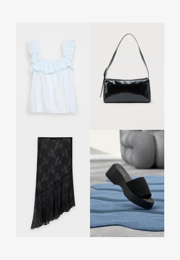 Haut sans manches bleu clair avec un col et des épaules à volants. Fabriqué en tissu doux, il présente une coupe ample et une texture lisse.; Jupe asymétrique en dentelle noire transparente avec motif floral et ourlet diagonal superposé, présentée sur un fond clair uni.; Sandale à plateforme noire reposant sur un tapis bleu texturé avec un arrière-plan flou gris rembourré.; Sac d'épaule rectangulaire noir avec une sangle réglable unique et une fermeture éclair supérieure sur un fond uni.