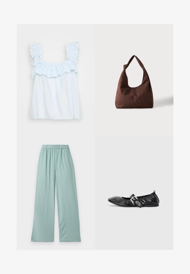 Haut sans manches bleu clair avec un col et des épaules à volants. Fabriqué en tissu doux, il présente une coupe ample et une texture lisse.; Pantalon large vert clair, en tissu doux, avec une taille élastique et une texture subtile, conçu pour le confort et la liberté de mouvement.; Chaussure plate en cuir noir avec un nez pointu, des détails froncés autour de l'ouverture et un accent en boucle argentée sur la bride ajustable.; Sac à main en tissu marron texturé avec une seule anse nouée, présenté sur un fond clair uni.
