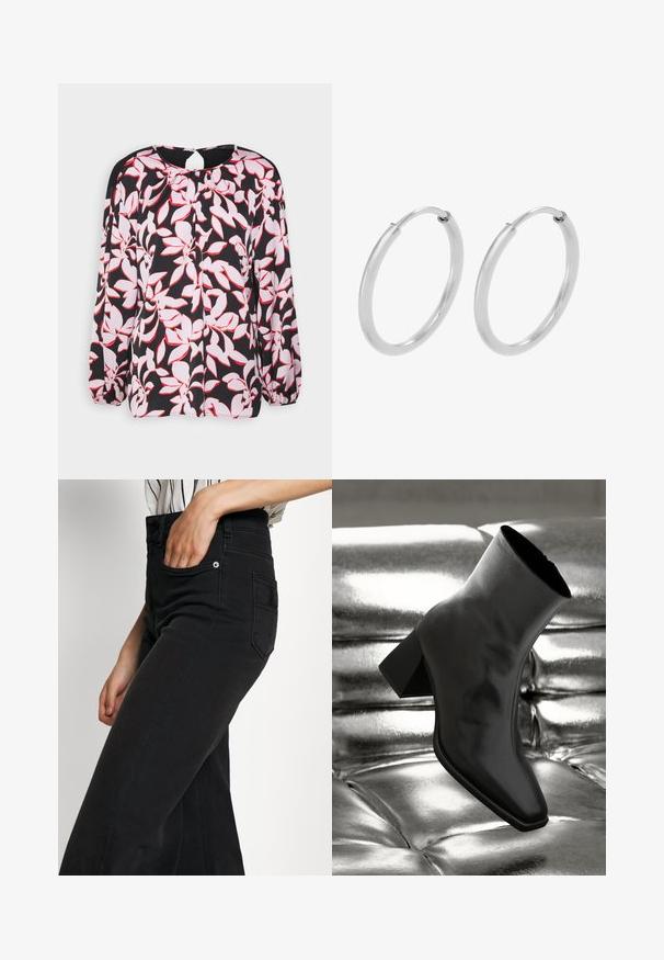 Marks & Spencer Bluse - black mix; Sorte jeans i bred benstil med høj talje, forlommer og en baglappe. Glat tekstur med minimale syningsdetaljer.; Sorte ankelstøvler lavet af glossy materiale med firkantet tå og spidse hæle, sat mod en skinnende sølv tuftet baggrund.; Sølv hoops øreringe, cirkulær form, glat skinnende tekstur og ensartet bredde hele vejen igennem. Minimalistisk design uden yderligere accenter.