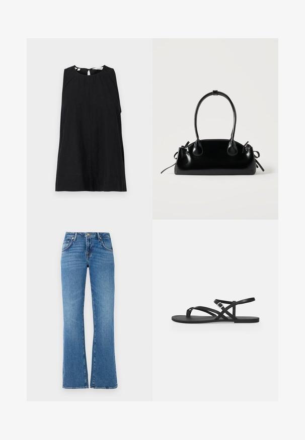 Zwart mouwloos top in een ontspannen pasvorm, met een ronde halslijn, een keyhole-opening aan de achterkant en een zachte, lichte stof.; Lichtblauwe denim jeans met een flared leg ontwerp, voorzien van vijf zakken, een knoop- en ritssluiting, en subtiele whiskering patronen.; Zwarte platte sandaal met dunne bandjes, teugel en verstelbare gesp enkelriem op een effen lichtgrijze achtergrond.; Kleine zwarte glanzende handtas met twee lange hengsels en zijkant trekkoord details op een effen lichte achtergrond.