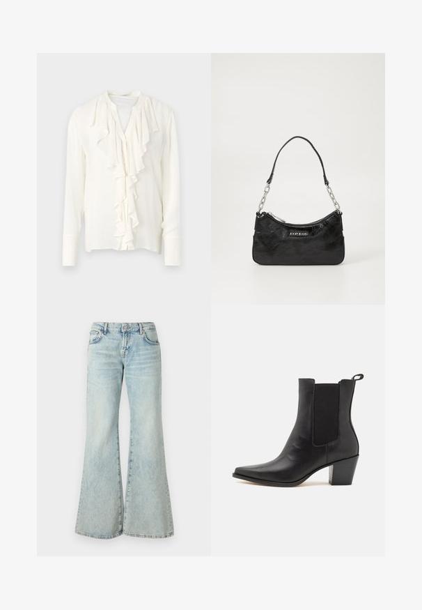 Hvid bluse med lange ærmer og en flæset frontplacket, med rund hals og knaplukning. Blødt, letvægtsstof.; Lyseblå flared jeans lavet af denim, med høj talje, lommer og frynset kant. Stoffet har et slidt look og en subtil struktur.; Dolce Vita SHADIE - Støvletter - black; Sort lakeret skuldertaske med sølvfarvede kædetræk og lynlås, med en "JOOP! JEANS" logo på forsiden.