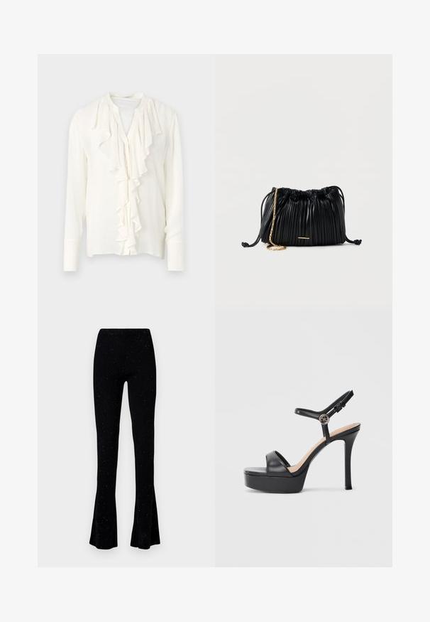 Biela blúzka s dlhými rukávmi a volánovým predným zapínaním, s okrúhlym výstrihom a gombíkovým zapínaním. Mäkkučká, ľahká tkanina.; Čierne priliehavé pletené nohavice s rozšírenými koncami, s textúrovaným povrchom a malými trblietavými bodkami, navrhnuté pre priliehavý strih.; Čierne platformové sandále s vysokým štíhlym podpätkom, vybavené hladkým koženým zvrškom, dizajnom s otvorenou špičkou a nastaviteľným členkovým remienkom s kovovými prvkami.; Čierna kožená kabelka s skladaním, sťahovaná šnúrkou, zlatý retiazkový popruh a malý horizontálny zlatý detail na prednej strane.