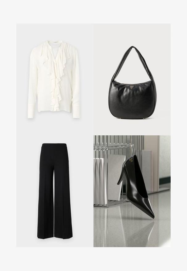 Blusa blanca de manga larga con un pliegue en la parte delantera, con escote redondo y cierre de botones. Tejido suave y ligero.; Pantalones de pierna ancha negros con una textura suave, que presentan una cinturilla alta y sin cierres visibles. Diseño simple y limpio.; Zapato de tacón alto negro con punta afilada y logo dorado, colocado sobre una superficie reflectante cerca de un organizador de archivos de alambre cromado con documentos.; Bolso hobo de cuero negro con textura suave, forma curva y cierre de cremallera. Presenta un acento de logotipo en tono dorado en la parte frontal.