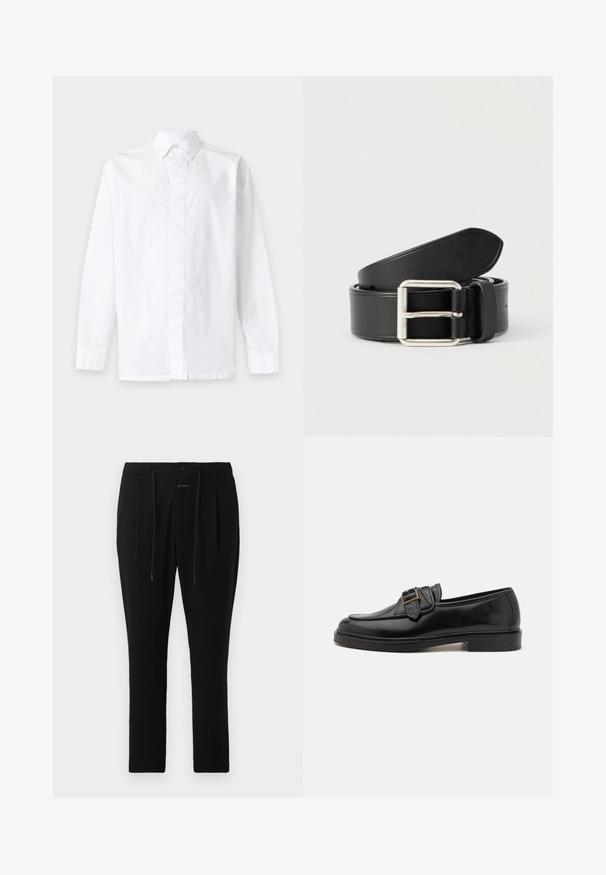Camisa blanca de manga larga con botones y cuello clásico, exhibida sobre un fondo liso y claro.; CLOSED VIGO TAPERED - Pantalones chinos - dark night; Mocasines de cuero negro con punta redonda y un acento decorativo de hebilla. Tacón plano y sólido, con una textura suave en todo el zapato.; Cinturón de cuero negro con textura lisa, hebilla metálica plateada y diseño limpio y sencillo. Cuenta con agujeros para ajuste.