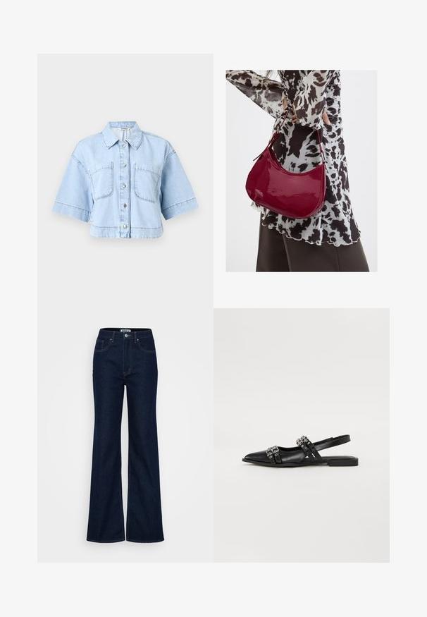 Lyseblå cropped denimskjorte med korte ærmer, knaplukning foran, krave og to brystlommer.; ONLY Tall ONLJUICY WIDE RINSE - Wide leg - dark blue denim; Even&Odd Slingback-ballerinasko - black; Kvinde iført en sort- og hvidmønstret bluse, der holder en blank rød skuldertaske mod en ensfarvet baggrund.