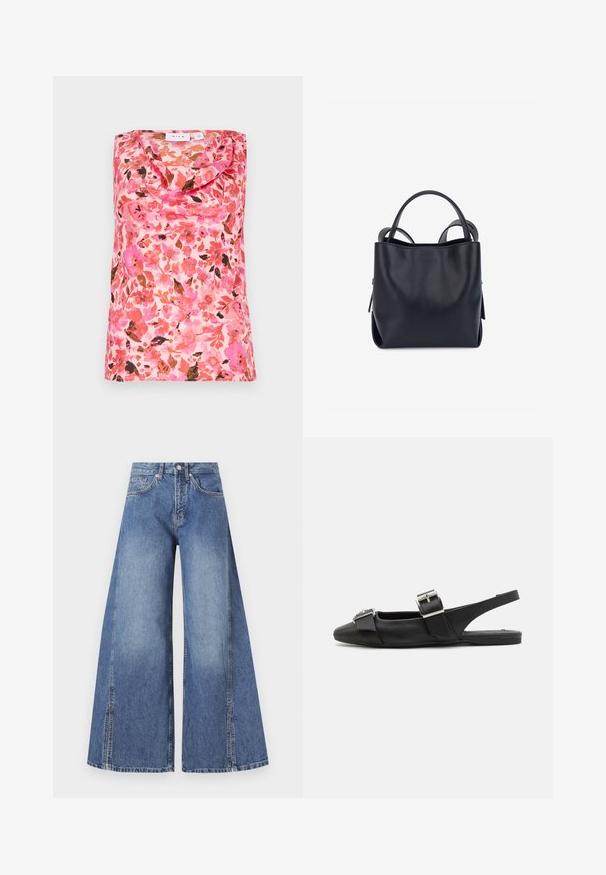 Top sin mangas con cuello drapeado, patrón floral en tonos rosa, naranja y marrón, textura suave, confeccionado en tela ligera.; Jeans de pierna ancha en azul claro. Fabricados en algodón texturizado, con una cintura alta, bolsillos frontales y costuras laterales distintivas.; Zapato de piel negra tipo slingback con suela plana, punta cuadrada y dos correas con hebillas en la parte superior. Textura suave con un detalle mínimo.; Bolso de mano de cuero negro con textura suave, forma estructurada, dobles asas superiores y diseño minimalista. Presenta detalles sutiles en los laterales.