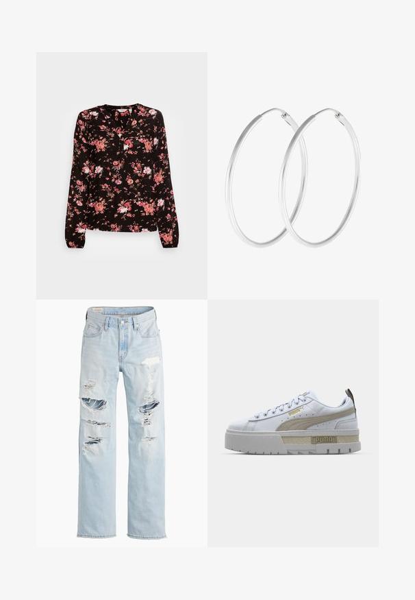 b.young BYMM VNECK - Blusa - coral; Vaqueros de mezclilla azul claro con múltiples rotos grandes y bordes deshilachados en los muslos y rodillas delanteros, corte recto en las piernas.; Zapatilla blanca con una prominente franja beige, suela gris gruesa y detalles en dorado. Presenta cordones redondos y una lengüeta texturizada con el logo.; Pendientes de aro en tono plateado con forma redonda y un acabado pulido. Ambos pendientes son del mismo tamaño y cuentan con un mecanismo de cierre seguro.