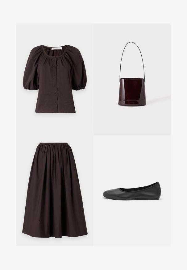 Donkerbruine blouse met pofmouwen en een ronde halslijn, met zes knopen aan de voorkant. Gemaakt van lichtgewicht stof met een gestructureerde afwerking.; Bruine, enkel-lange rok gemaakt van lichtgewicht stof met een elastische tailleband en een geplooid ontwerp voor een voluminieuze uitstraling.; Zwarte leren ballerina met een ronde neus, gladde textuur, minimale stikdetails en een flexibele zoolontwerp.; Donkerbruine glanzende emmerhandtas met een lange dunne riem en minimale zichtbare stiksels op een lichte achtergrond.