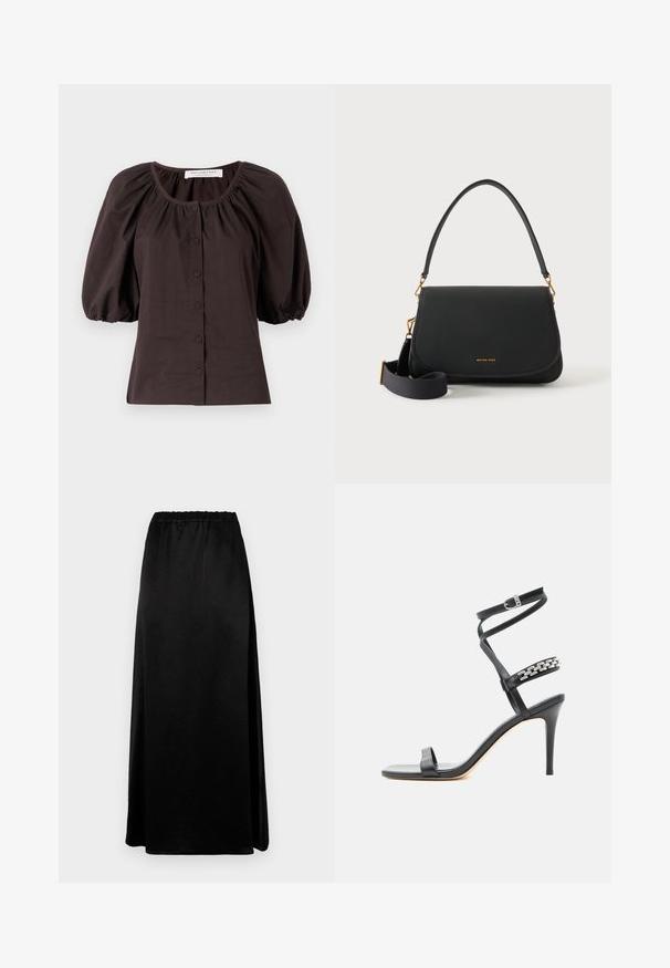 Blouse à manches bouffantes marron foncé avec un col rond et six boutons sur le devant. Fabriquée en tissu léger avec une finition texturée.; Jupe longue noire avec une texture lisse et froissée, dotée d'une taille élastique. Présente une fente sur le côté pour plus de liberté de mouvement et une silhouette élégante.; Sandale noire à talon haut avec fine bride à la cheville, bride médiane décorée de maillons de chaîne argentés, et design à bout ouvert.; Sac à épaule en cuir noir avec rabat incurvé, ferrures dorées, sangle bandoulière en tissu réglable et petit logo Michael Kors.