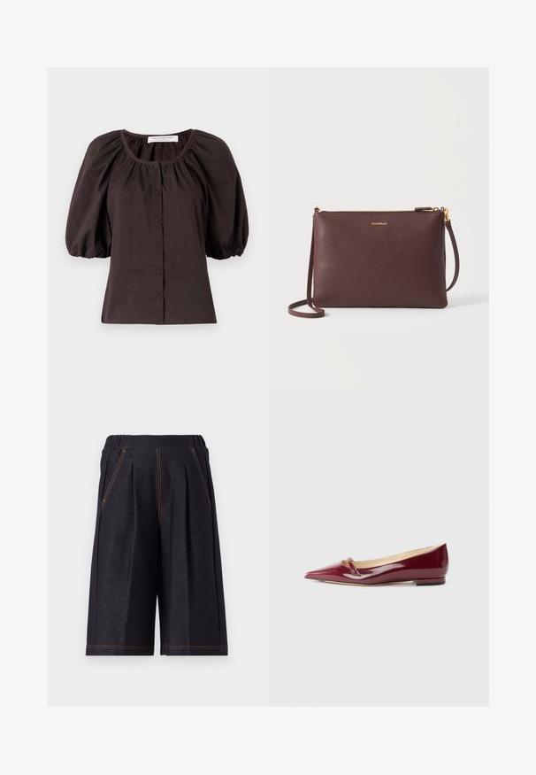 Donkerbruine blouse met pofmouwen en een ronde halslijn, met zes knopen aan de voorkant. Gemaakt van lichtgewicht stof met een gestructureerde afwerking.; Donkergrijze shorts van zacht materiaal, met plooien en oranje stikselaccenten. Elastische tailleband voor comfort, knielange pasvorm.; Bordeaux patent leren ballerina's met een puntige neus, voorzien van een klein uitsnijdetail en een lage hak. Glad textuur en een slank ontwerp.; Bruine leren crossbodytas met gouden ritssluiting en klein gouden logo "COCCINELLE" gecentreerd nabij de bovenkant.