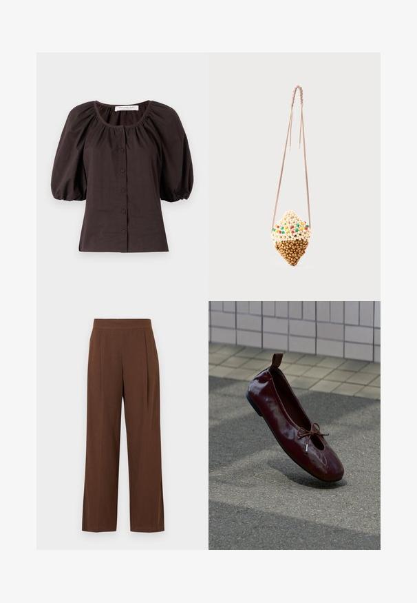 Blouse à manches bouffantes marron foncé avec un col rond et six boutons sur le devant. Fabriquée en tissu léger avec une finition texturée.; Pantalon marron à jambes larges avec une texture lisse, présentant un devant plat et des plis. La taille est élastiquée pour le confort et l'ajustement.; Chaussure plate de ballet rouge foncé brillante avec un petit nœud sur le dessus, positionnée debout sur un sol texturé près d'un mur carrelé en arrière-plan.; Petit sac suspendu en forme de cornet de glace, fait de perles beige et marron avec des accents de perles colorées, sur un cordon fin torsadé.