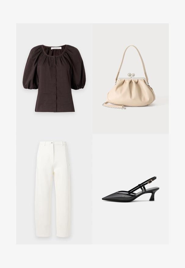 Blouse à manches bouffantes marron foncé avec un col rond et six boutons sur le devant. Fabriquée en tissu léger avec une finition texturée.; Pantalons blancs ajustés avec une coupe droite, plis avant, fermeture éclair et bouton, et poches latérales. Tissu lisse avec une finition mate.; Chaussure slingback noire à bout pointu avec tige en mesh, fines brides, boucle dorée et petit talon incurvé sur fond blanc.; Sac à main en cuir souple beige avec un fermoir en métal argenté, une bandoulière simple et une bandoulière chaîne optionnelle sur fond blanc.