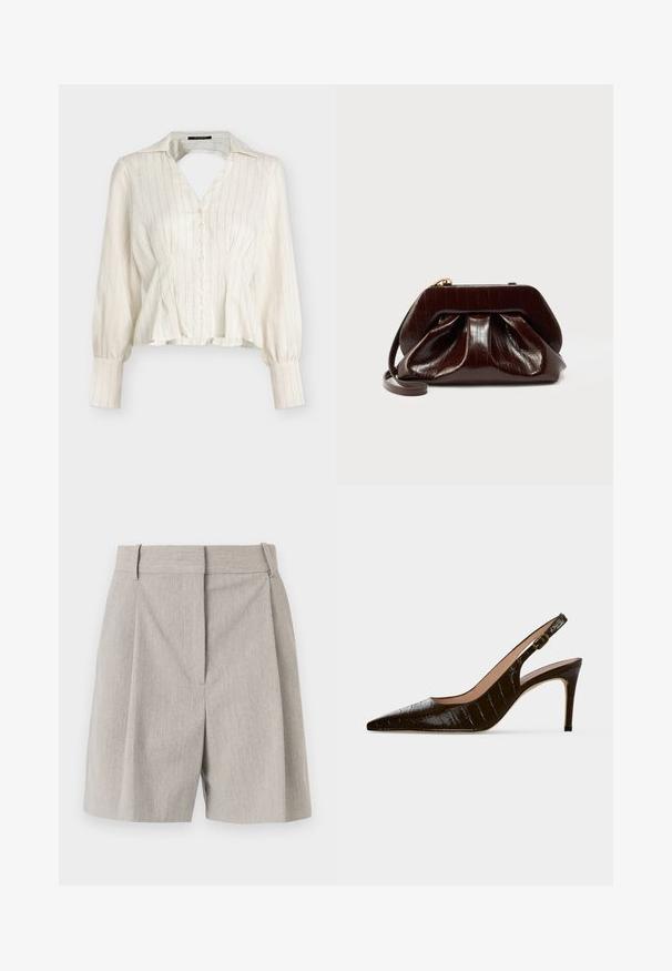 Hvid langærmet bluse med tynde lodrette striber, frontknapper, peplumtalje, spids krave og V-formet nøglehulsudskæring.; By Malene Birger POVILLE - Shorts - grey brown; Mørkebrun højhælet slingback-sko med spids tå, krokodilletekstur og lille guldsulet på stroppen.; Mørkebrun blank læderclutch med plisseret design og en tynd håndledsrem på hvid baggrund.