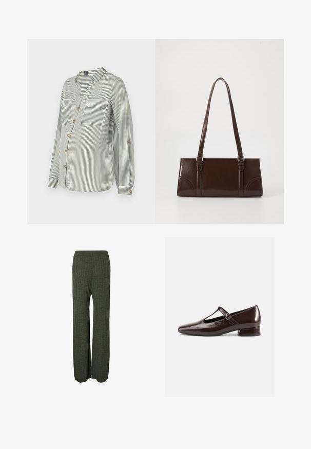 Groen en wit gestreepte button-up shirt met een V-hals, twee borstzakken en opgerolde mouwen met gouden knopen. Lichtgewicht stof.; Groene geribbelde gebreide broek met een wijd uitgesneden ontwerp, voorzien van verticale textuur en een comfortabele elastische tailleband.; Bruine lakleren Mary Jane-schoenen met een afgeronde neus, een uitgesneden ontwerp en een verstelbare riem. Lage blokhak.; Bruine lakleren handtas met een rechthoekige vorm, twee lange handvatten en subtiele gebogen accenten aan de voorkant.