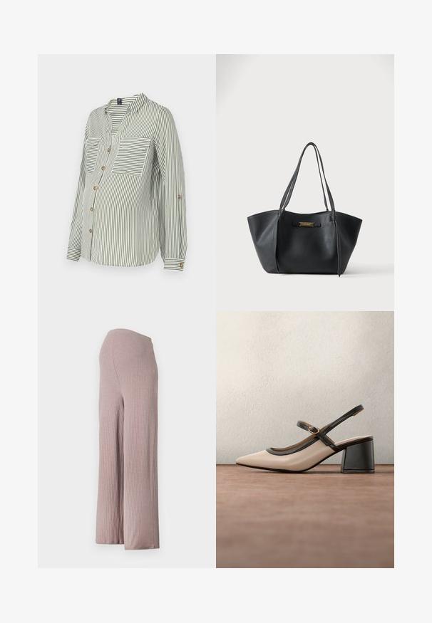 Camisa de botones a rayas verdes y blancas con cuello en V, dos bolsillos en el pecho y mangas enrolladas con botones dorados. Tejido ligero.; Pantalones de pierna ancha de color rosa claro, acanalados, con una cinturilla sin costuras, que presentan un tejido suave y texturizado y una silueta relajada.; Zapato beige de tacón alto con tira trasera, puntera puntiaguda, ribete negro y detalle de hebilla. Material liso con acabado mate y tacón medio tipo bloque.; Bolso tote de cuero negro con doble asa para el hombro y una pequeña placa de marca en tono dorado en el centro frontal.