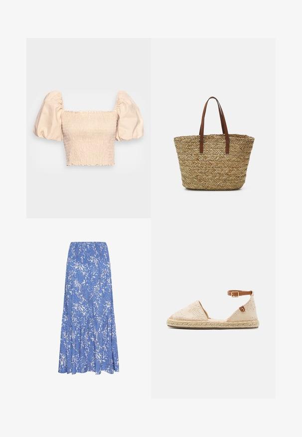 Top court à manches courtes en beige avec une texture smockée, présentant des manches bouffantes et un col volanté. Confectionné en tissu léger.; Jupe midi à motif floral bleu et blanc avec une taille smockée et une partie inférieure évasée à volants.; Espadrille en coton avec une tige brodée beige, semelle en jute et une sangle de cheville brune avec un détail de boucle dorée.; Sac de course en paille tissée avec des poignées en cuir brun clair. Forme arrondie avec un motif en chevron complexe sur toute la surface.