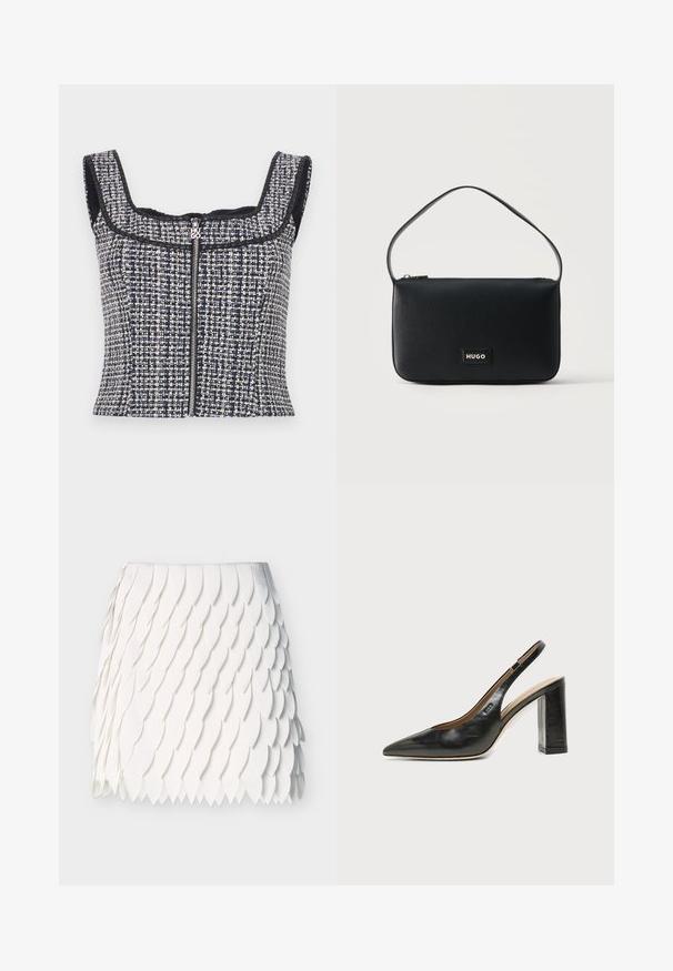 Top court en tweed bleu marine et blanc avec un encolure carrée, sans manches et une fermeture éclair à l'avant avec un tirette de marque.; Jupe blanche avec des pièces de tissu superposées en forme de pétales créant un motif texturé de type écailles sur un fond uni.; Chaussure slingback en cuir noir à bout pointu avec un talon bloc haut et une doublure intérieure beige sur un fond clair uni.; Sac d'épaule rectangulaire en cuir noir avec une petite plaque logo "HUGO" en or et une seule fine bandoulière.