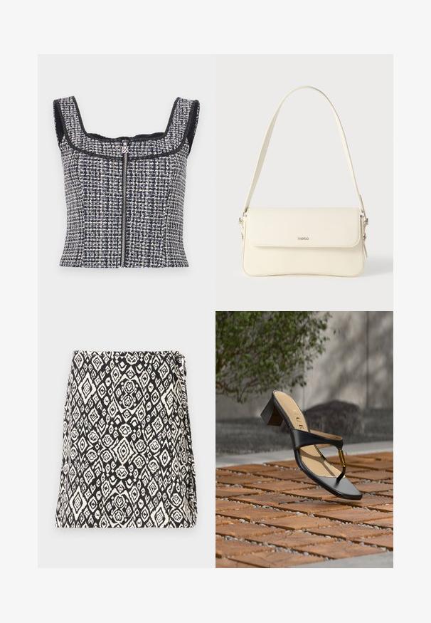 Top court en tweed bleu marine et blanc avec un encolure carrée, sans manches et une fermeture éclair à l'avant avec un tirette de marque.; Sac noir et blanc présentant un motif géométrique en forme de diamant, fabriqué en tissu avec une finition texturée. Conçu avec une ouverture à rabat.; Sandale noire à talon avec boucle pour l'orteil et accent doré, placée sur une surface pavée en bois et pierre en extérieur près de la verdure.; Sac à bandoulière en cuir couleur crème avec fermeture à rabat, quincaillerie argentée, une bandoulière réglable et un logo discret.