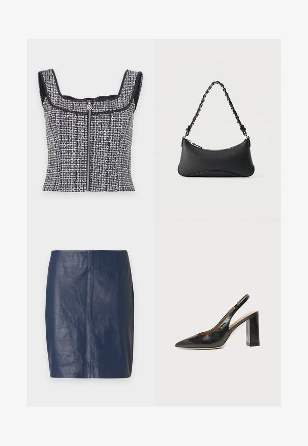 Top corto de tweed en color marino y blanco con escote cuadrado, diseño sin mangas y cremallera frontal con tirador de marca.; Mini falda de cuero azul marino con textura suave, corte recto y detalles mínimos de costura en los laterales.; Zapato slingback de piel negra con puntera puntiaguda, tacón alto y ancho, y forro interior beige sobre un fondo claro y liso.; Bolso de hombro de cuero negro con forma rectangular curvada, cadena dorada entrelazada en una correa negra trenzada y cierre superior con cremallera.
