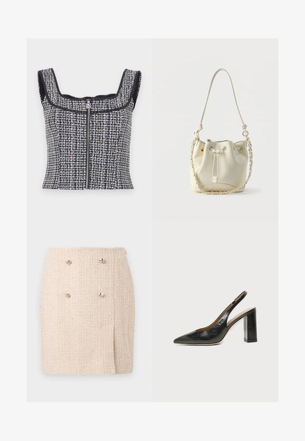 Top court en tweed bleu marine et blanc avec un encolure carrée, sans manches et une fermeture éclair à l'avant avec un tirette de marque.; Jupe beige texturée avec un motif tissé, dotée de deux boutons argentés proéminents à l'avant et d'un ourlet légèrement asymétrique.; Chaussure slingback en cuir noir à bout pointu avec un talon bloc haut et une doublure intérieure beige sur un fond clair uni.; Sac seau en cuir crème avec fermeture à cordon, chaîne tressée et bandoulière en cuir, ainsi que des œillets dorés.