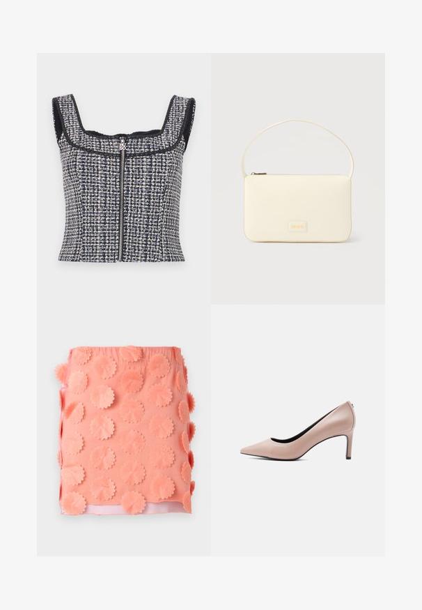 Top court en tweed bleu marine et blanc avec un encolure carrée, sans manches et une fermeture éclair à l'avant avec un tirette de marque.; Jupe courte rose corail avec des appliques florales circulaires superposées couvrant le tissu.; Chaussure à talon haut beige à bout pointu avec un talon aiguille mince sur un fond blanc uni.; Sac à main rectangulaire de couleur crème avec une seule sangle et une fermeture éclair sur le dessus, comportant une petite plaque de logo embossé à l'avant.