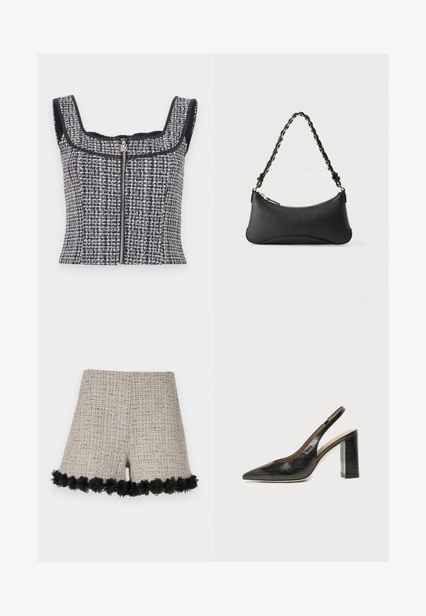 Top court en tweed bleu marine et blanc avec un encolure carrée, sans manches et une fermeture éclair à l'avant avec un tirette de marque.; Shorts en tweed beige avec un motif texturé, dotés d'une bordure florale noire au bas. Le design comprend une coupe globalement ajustée.; Chaussure slingback en cuir noir à bout pointu avec un talon bloc haut et une doublure intérieure beige sur un fond clair uni.; Sac à bandoulière en cuir noir de forme rectangulaire incurvée, avec une chaîne dorée tissée dans la bandoulière noire tressée et une fermeture éclair sur le dessus.