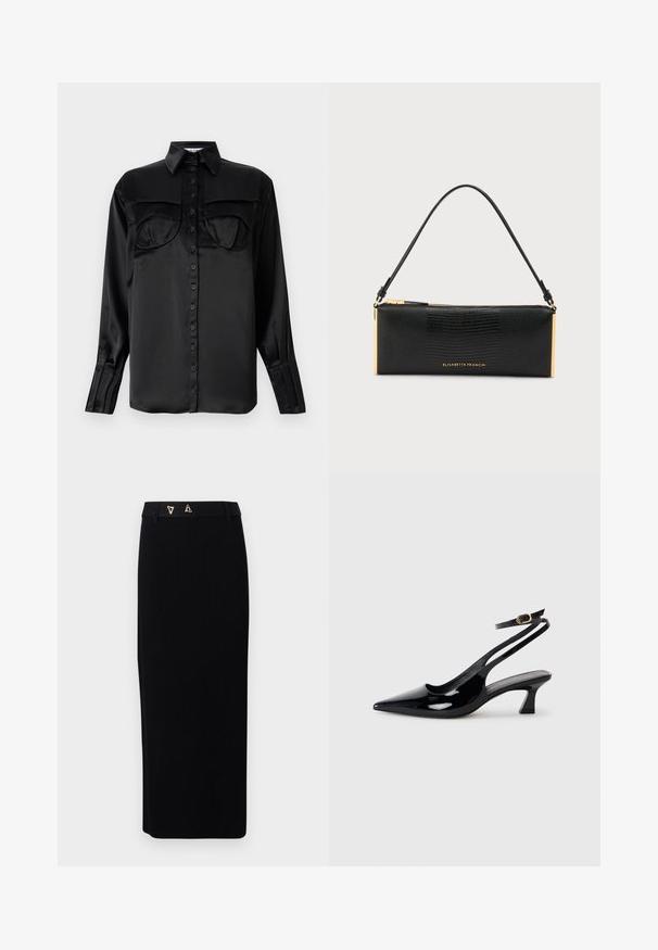 Sorte satin skjorte med knaplukning og lange ærmer, to brystlommer, spids krave og enkelt knapdetalje ved ærmet. Glat tekstur.; AERON FORUM - Pencil skirt - black; Sorte patenterede læderslingbacks med spidse tæer, lav blokhælt og justerbar ankelrem med guldspænde.; Sort tekstureret rektangulær håndtaske med en enkelt rem, gyldent lynlås, gyldne accenter og Elisabetta Franchi-logo foran.