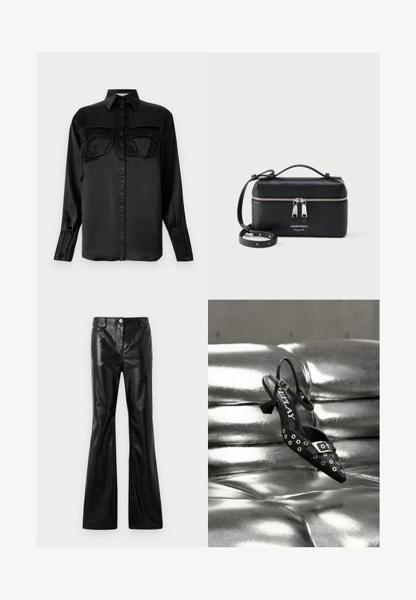 Zwart satijnen overhemd met lange mouwen, twee borstzakken, een puntkraag en enkele-knop manchetten. Glad van textuur.; Rabanne Wijde jeans - black; Zwarte slingback schoen met een puntige neus, voorzien van zilveren oogjes en een gespdetail. Gemaakt van getextureerd materiaal met een kleine blokhak.; Zwarte rechthoekige lederen crossbodytas met zilveren dubbele rits en verstelbare riem, voorzien van het Emporio Armani-logo en de tekst Milano 1981.