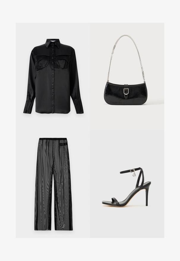 Schwarze Satin-Hemdbluse mit langen Ärmeln, zwei Brusttaschen, spitzem Kragen und Ein-Knopf-Manschettendetail. Glatte Textur.; Schwarze Netz-Hosen mit weitem Bein, ausgestattet mit einem schwarzen elastischen Bund und seitlichen Einschubtaschen. Strukturierter, leichter Stoff.; Schwarze High-Heel-Sandale mit schmalem Knöchelriemen, quadratischer Zehenbox, glattem Leder und metallischem Schnallenakzent.; Schwarze Schultertasche aus Lackleder mit silberner Schnalle und silbernem Kettenriemen, auf hellem einfarbigen Hintergrund präsentiert.
