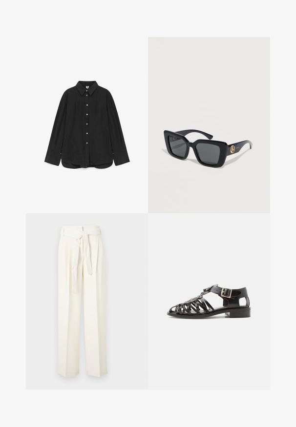 Zwart overhemd met knopen, gemaakt van gladde stof, met een kraag, lange mouwen en een licht gebogen zoom met knoopdetails.; Crème-kleurige wijde broek met een ceintuur aan de taille. Gemaakt van zachte stof, met plooien en een gladde textuur zonder patronen.; Zwarte leren gevlochten sandaal met lage blokhak en verstelbare gouden gespsluiting op witte achtergrond.; Zwarte cat-eye zonnebril met donkere glazen en een gouden cirkelvormig logo op het montuur, afgebeeld op een egale witte achtergrond.