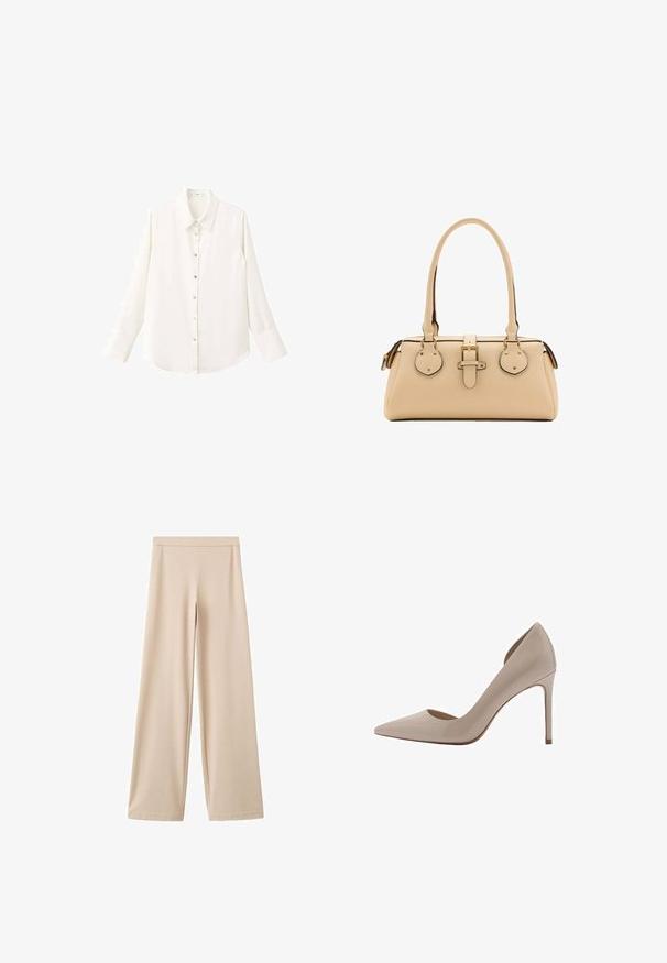 Witte blouse met lange mouwen, knoopsluiting, een klassieke kraag en knopen aan de voorkant; gemaakt van een soepel, lichtgewicht stof en met een afgeronde zoom.; Beige broek met wijde pijpen, een elastische tailleband, gladde stof en zonder zichtbare zakken of versieringen.; Beige lakleren high-heeled pumps met een spitse neus, ondiepe uitsnijdingen aan de zijkanten en een slanke hak. Gladde textuur met een glanzende afwerking.; Beige leren handtas met dubbele handvatten, een voorste gesp verstelriem en afgeronde accenten aan beide zijden ter decoratie.