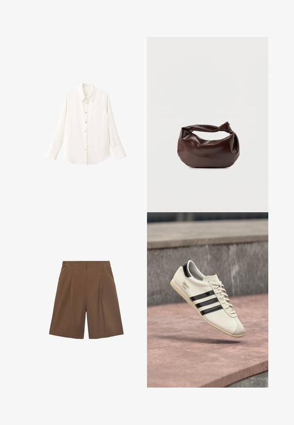 Hvid skjorte med lange ærmer og knapper foran, klassisk krave og knaplukning; har et glat, let stof og afrundet kant.; Brune skræddersyede shorts med flad front, pyntesyninger og sidelommer. Fremstillet af et let materiale, der giver en afslappet pasform og med opfoldede kanter.; Hvid Adidas-sneaker med sorte striber og beige sål, svævende over en lyserød betonoverflade og grå stensbaggrund.; Mørkebrun læder skuldertaske med en blød, afslappet form og et snoet knudehåndtag på en ensartet hvid baggrund.