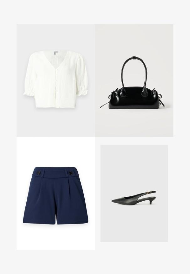 Witte blouse met korte mouwen, een V-hals, knoopsluiting en geplooide pofmouwen. Gestructureerde stof met een losse pasvorm.; Marineblauwe op maat gemaakte shorts van lichtgewicht stof, met twee voorplooien en twee zwarte knopen op de tailleband.; Zwarte puntschoen met slingback van soepel leer. Kenmerkt zich door een dunne hak en een gespdetail op de verstelbare band.; Kleine zwarte glanzende handtas met twee lange hengsels en zijkant trekkoord details op een effen lichte achtergrond.