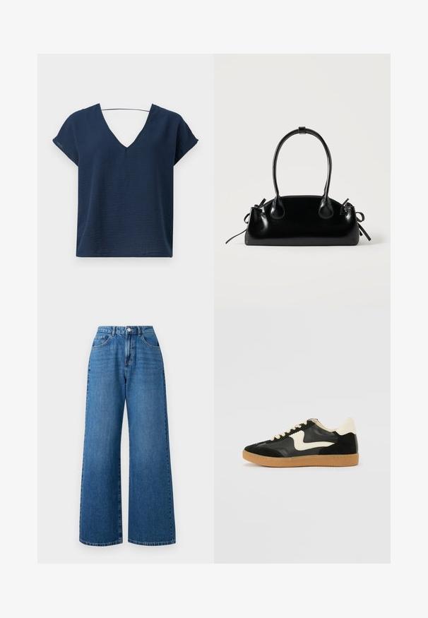 Haut bleu marine en V avec manches courtes, fabriqué à partir d'un tissu texturé, présentant une coupe décontractée et un design simple. Pas de matériel ou d'embellissements visibles.; Jean en denim bleu à jambes larges avec une taille haute, présentant un design à cinq poches, une fermeture à bouton à l'avant et un délavage subtil sur le tissu.; Baskets en daim et cuir noir avec un swoosh latéral crème et un talon crème clair. Dotées de lacets beige et d'une semelle en caoutchouc gomme.; Petit sac à main noir brillant avec deux longues anses et des détails à cordon sur les côtés sur un fond clair uni.