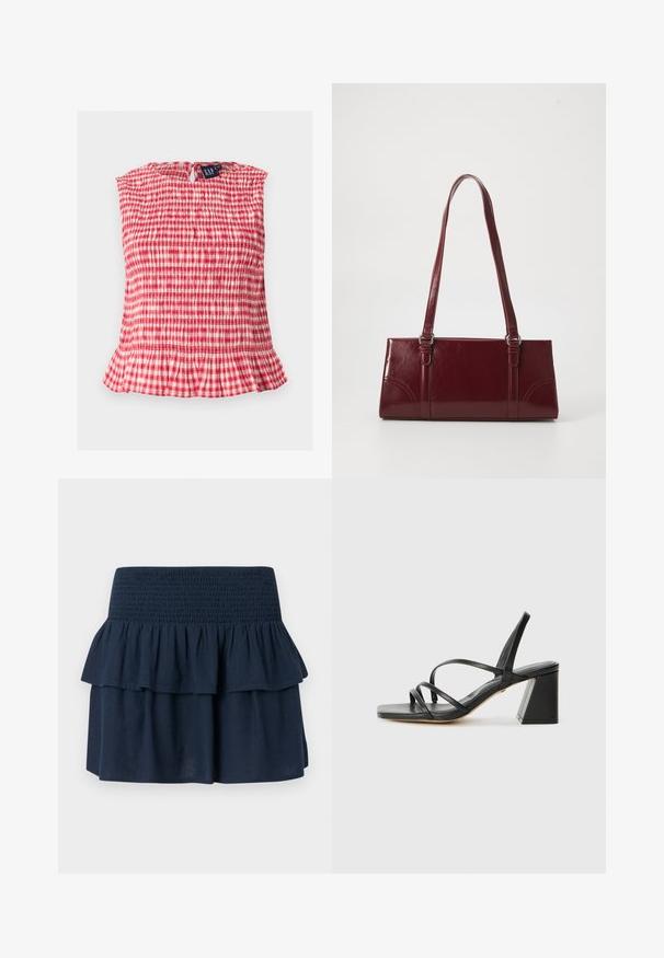 Haut sans manches à carreaux rouges et blancs avec tissu smocké, ourlet à volants et fermeture dos boutonnée à œillet.; Mini-jupe bleu marine avec large ceinture smockée et détail de volants superposés sur le dessus.; Sandales noires à talons avec un bout carré, présentant plusieurs fines bretelles et un talon bloc géométrique. Texture en cuir lisse et design minimaliste.; Sac à main bordeaux en matériau brillant, de forme rectangulaire, avec deux anses et des accents légèrement courbés à l'avant.