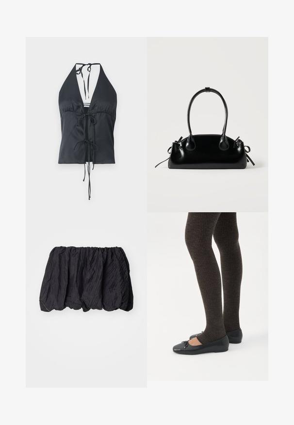 Čierny halter top vyrobený z hladkej tkaniny, s hlbokým výstrihom do V, zhromaždeným predným dielom a nastaviteľnými viazaniami na krku a v páse.; Čierny zvrásnený textilný top s elastickým pásom, ktorý má textúrovaný povrch a nariasený dizajn pre objemový tvar.; Nohy v tmavých pásikavých legínach v kombinácii s čiernymi balerínkami s malými mašličkami na bielom pozadí.; Malá čierna lesklá kabelka s dvoma dlhými rúčkami a bočnými šnúrkovými detailmi na jednoduchom svetlom pozadí.