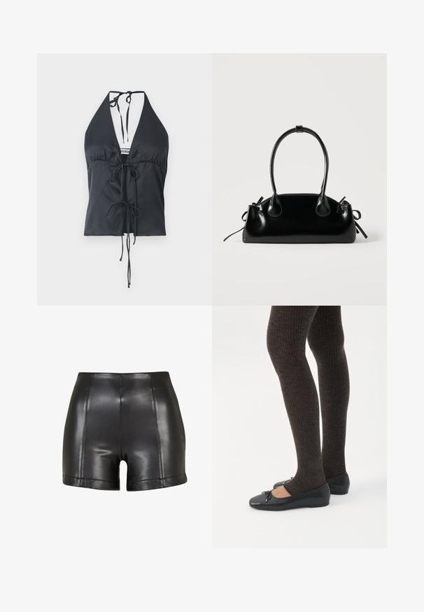 Haut à dos nu noir en tissu lisse, avec un décolleté en V profond, un devant froncé et des fermetures à nouer ajustables au cou et à la taille.; Shorts en simili cuir noir avec une taille haute, une texture lisse et des coutures visibles sur le devant et l'ourlet.; Jambes portant des leggings côtelés foncés associés à des ballerines noires avec de petits détails en nœud sur fond blanc.; Petit sac à main noir brillant avec deux longues anses et des détails à cordon sur les côtés sur un fond clair uni.